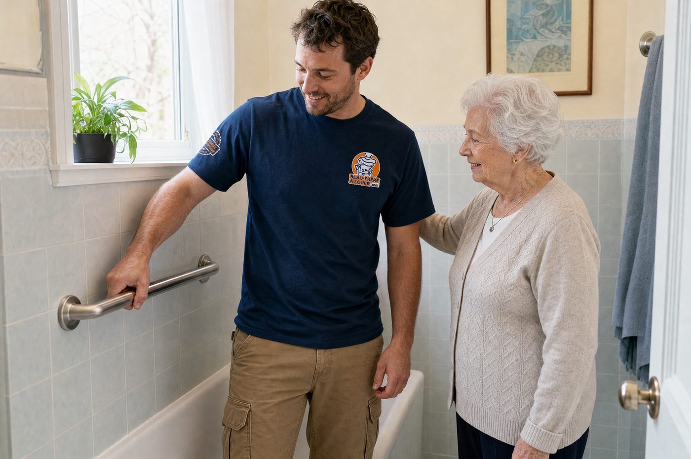 Un technicien Beau-frère à louer montre une barre d'appui fraîchement installée à une dame âgée
