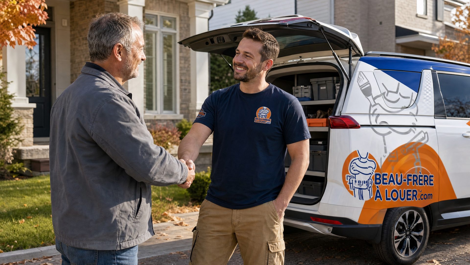 Poignée de main entre un entrepreneur et un technicien Beau-frère à louer devant la fourgonnette