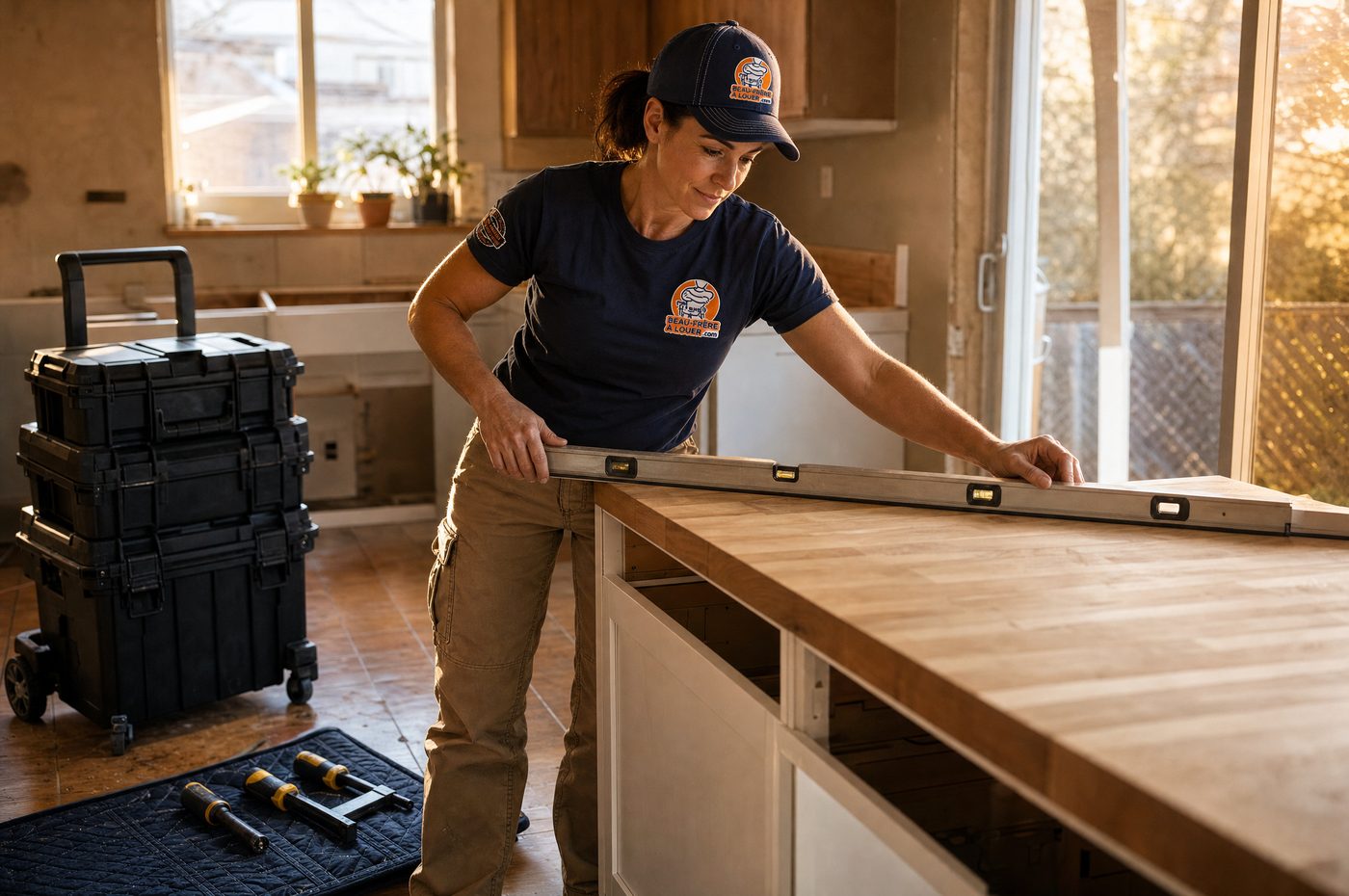 Une femme à tout faire Pro de Beau-frère à louer pose un comptoir de bois dans une cuisine en rénovation