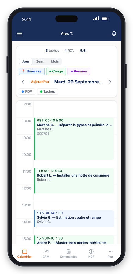 Écran de l'application Beau-frère à louer : la liste des rendez-vous de la journée (données fictives)