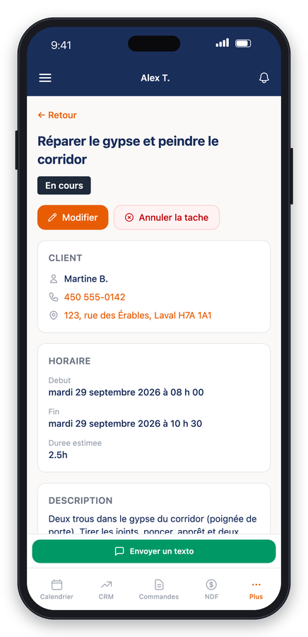 Écran de l'application : le détail d'un rendez-vous avec l'adresse, le client et les notes (données fictives)