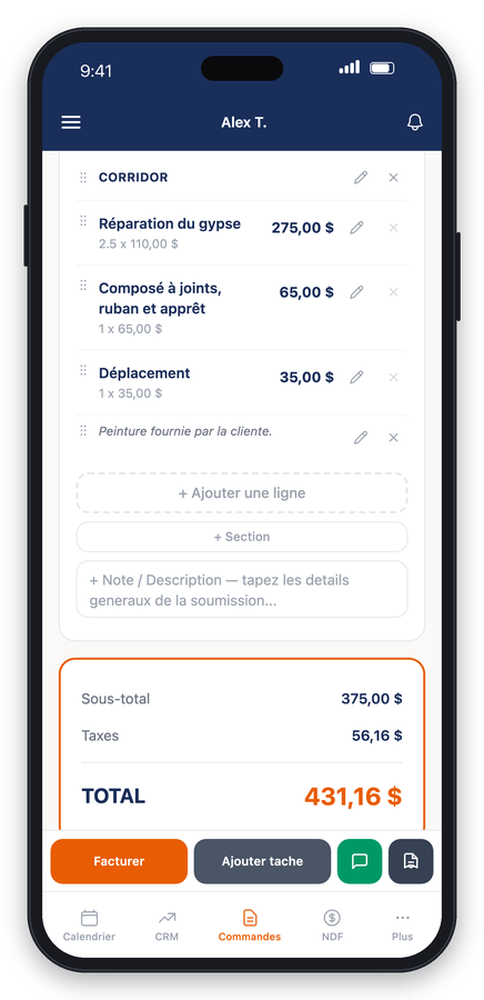 Écran de l'application : une soumission préparée sur place (données fictives)