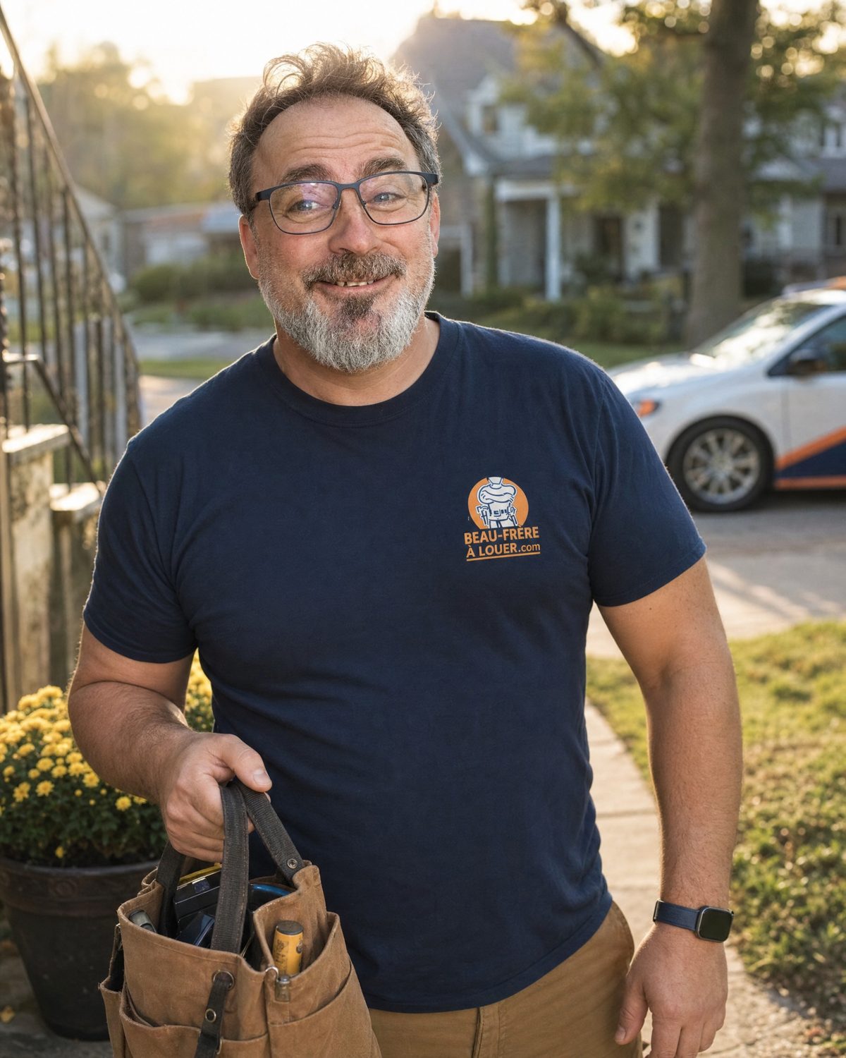 Daniel Lauzon, président fondateur de Beau-frère à louer, souriant devant une maison, sac d'outils à la main