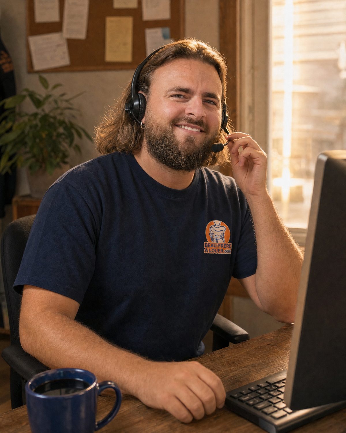 Samuel Lauzon, responsable du service à la clientèle et du centre d'appels, souriant au téléphone avec son casque d'écoute