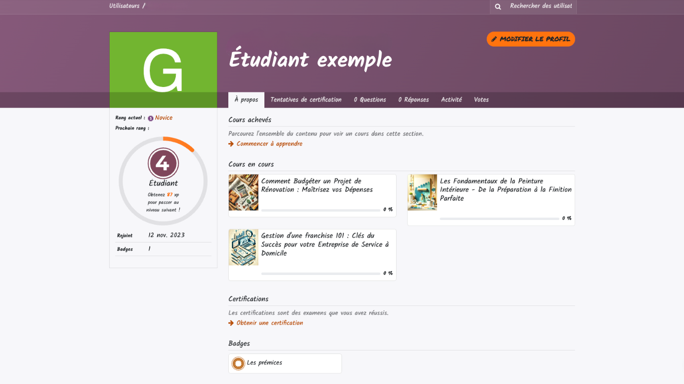 L'interface d'un étudiant qui suit les formations de Connect-Forces